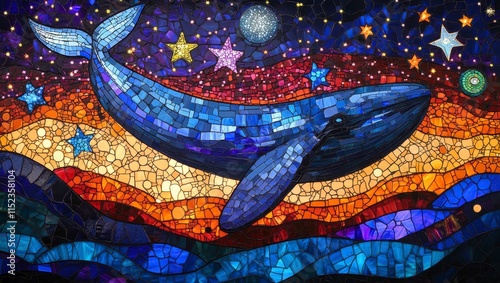 A vibrant mosaic depicting a blue whale swimming among colorful stars and waves, blending marine and cosmic themes. photo