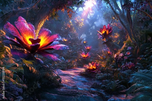 Ethereal Jungle Landscape Featuring Enormous Luminescent Flowers Bathed in Soft Light, Surrounded by Lush Greenery and Vibrant Colors, Inviting Exploration and Wonder