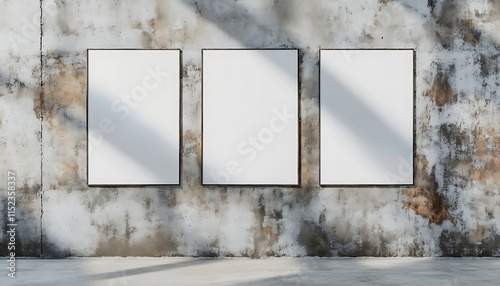 Urban-themed mockup with three blank vertical posters hanging on a concrete wall