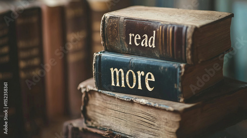 Vintage books with the inscription 'read more' on the cover. Concept of inspiration for reading and self-development