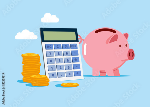 Stack of coins, piggy Bank and calculator. Modern vector illustration in flat style