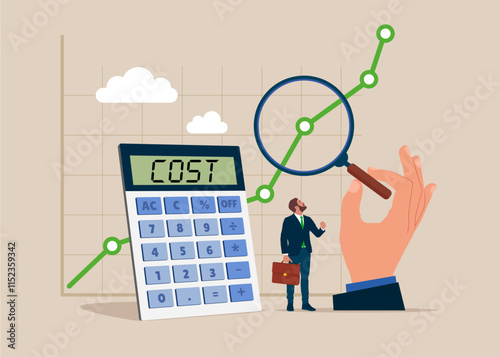 Hand uses magnifying glass to analyze cost graph with calculator. Details on market data. Stock market data analysis. Modern vector illustration in flat style