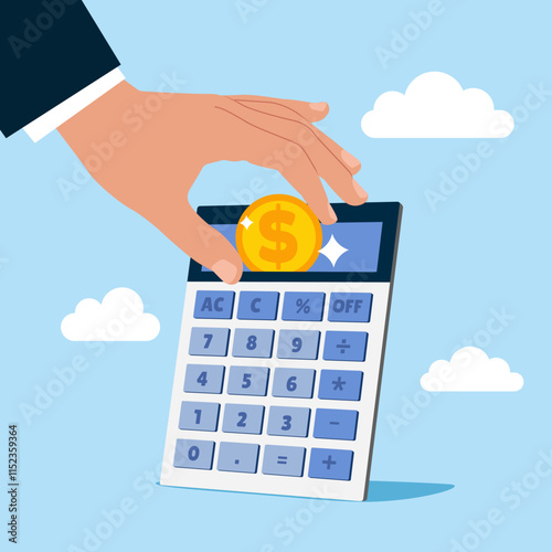 Counting money calculator. Make Savings, Collecting Money in Account, Open Bank Deposit. Family Finance Budget Economy Concept. Modern vector illustration in flat style