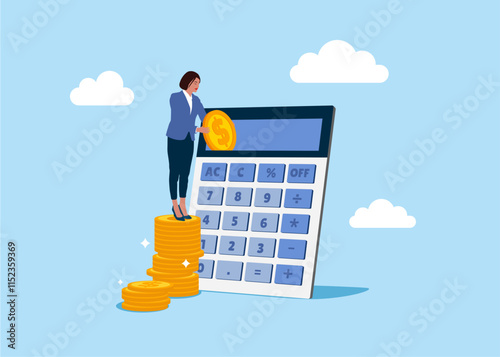 Businesswoman holding golden coin into calculator. Woman Make Savings, Collecting Money in Account, Open Bank Deposit. Family Finance Budget Economy Concept. Counting money calculator.