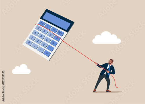 Businessman catch hold and pulling calculator equipment shopping sale. New taxes. Excise tax and banking. Loan calculation, budget allocation, expense and debt pay off or payment. Vector illustration