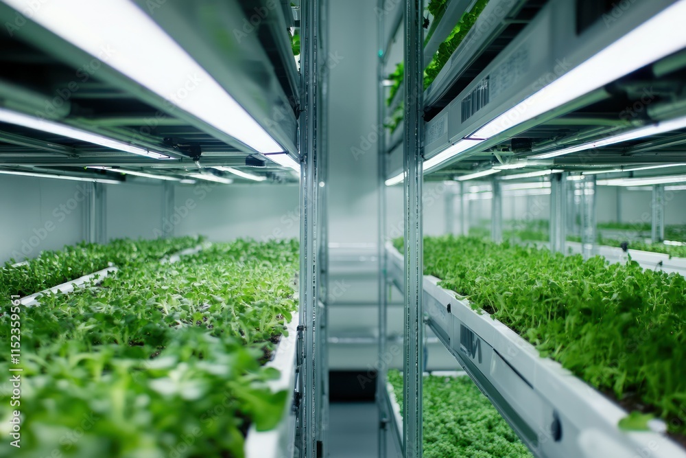 Indoor Hydroponic Farming System with Rows of Vibrant Green Seedlings Grown Under Bright LED Lights in a Modern Agricultural Facility Indoor Hydroponic Farming System with Rows of Vibrant Green Seedlings Grown Under Bright LED Lights in a Modern Agricultural Facility