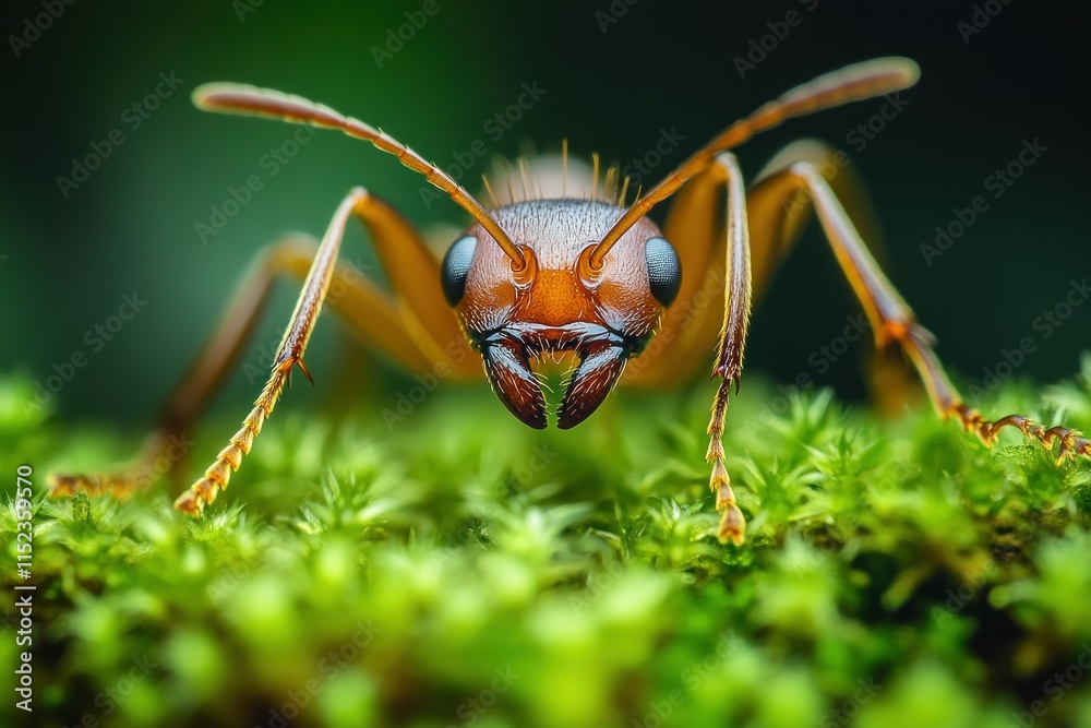 Extreme Close-Up of an Ant on Green Moss Showing Intricate Details of Its Body and Antennae in a Natural Setting Highlighting Nature's Tiny Creatures Extreme Close-Up of an Ant on Green Moss Showing Intricate Details of Its Body and Antennae in a Natural Setting Highlighting Nature's Tiny Creatures