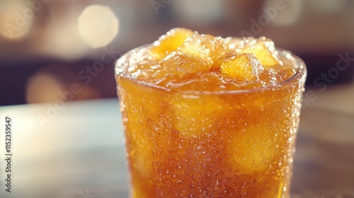 Refreshing drink with ice cubes served in a crystal glass on a wooden table photo