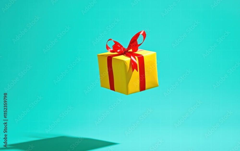 Obraz premium A bright yellow present with a red ribbon levitating on a vivid turquoise background