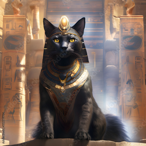 Obraz na płótnie black egyptian fluffy Bastet cat laying against temple with columns and sun light. Egyptian goddess Bastet. Ai generated w salonie