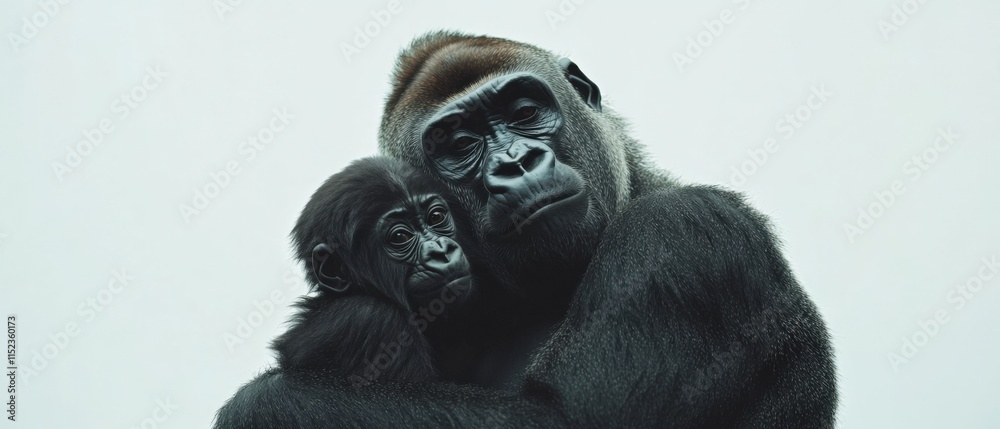 a gorilla and baby embracing in front of a white background a gorilla and baby embracing in front of a white background