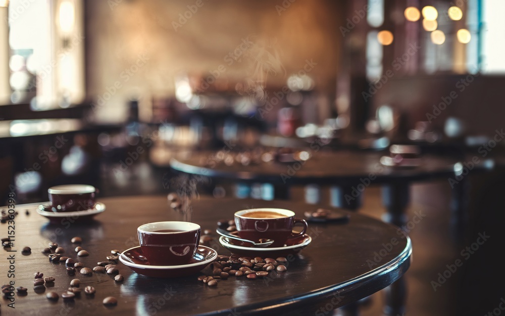 Coffee, Two steaming coffee cups on a table in a cafe. Coffee, Two steaming coffee cups on a table in a cafe.