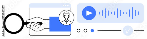 Magnifying glass examining user profile picture, audio wave playing, confirmation checkmark. Ideal for security, authentication, technology, digital identity, user verification, online services