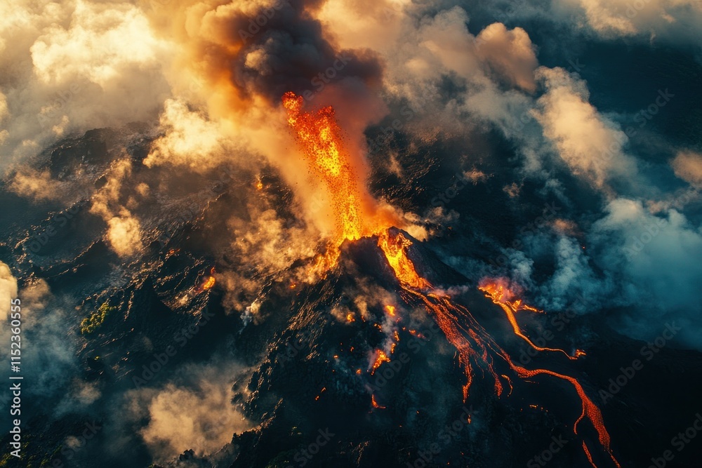 Majestic Aerial View of Erupting Volcano with Flowing Lava and Dramatic Clouds in the Background, Capturing Nature's Uncontrolled Power and Beauty Majestic Aerial View of Erupting Volcano with Flowing Lava and Dramatic Clouds in the Background, Capturing Nature's Uncontrolled Power and Beauty