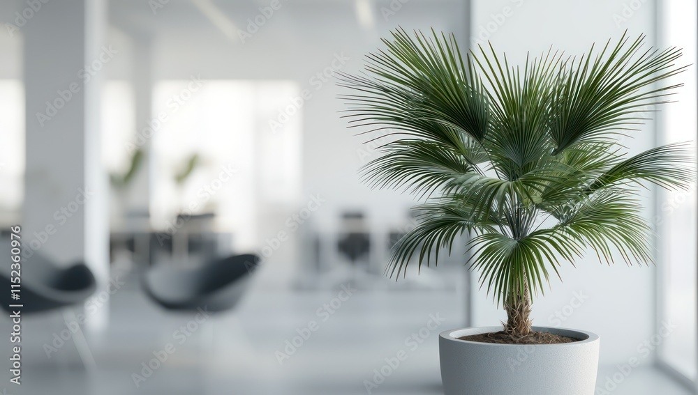 Fototapeta premium A minimalist office with a potted palm tree in focus surrounded by clean white walls and soft gray furniture The