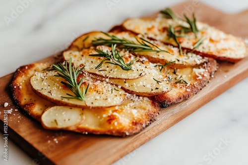  flatbreads topped with thinly sliced potatoes, rosemary, and parmesan, rustic and artisanal vibe photo