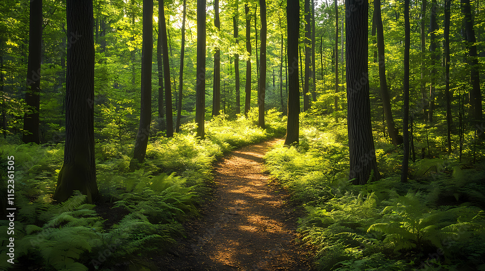 Obraz premium Serene forest clearing cedes to winding dirt path, sun-dappled trunks and ferns framing the auspicious beginning of an untrod journey. Dappled. Illustration