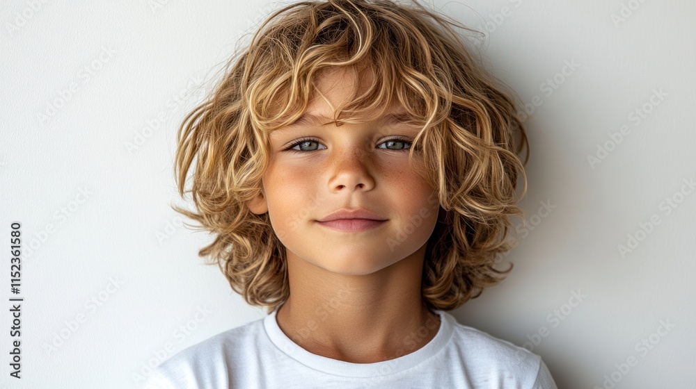 A cheerful young boy stands smiling, showcasing his curly blond hair and bright blue eyes A cheerful young boy stands smiling, showcasing his curly blond hair and bright blue eyes