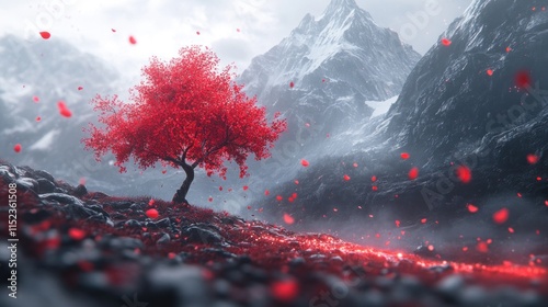 A striking red tree is surrounded by flowing petals with mountains looming in the background photo