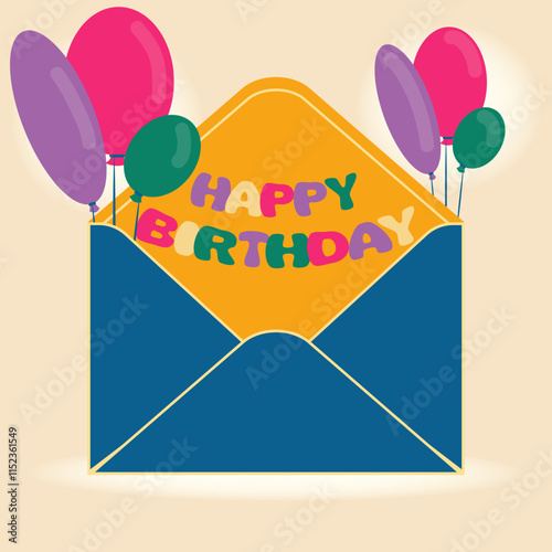 Happy birthday greeting illustration with envelope, inscription and balloons