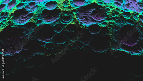 Colorful neon moon relief in stippling style with many impact craters. Rocky satellite covered by lunar craters. Retro styled dotwork. Pointillism. Noisy grainy shading using dots. Vector illustration