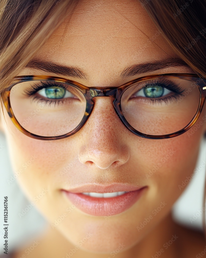 Close up of a woman wearing glasses with bright green eyes and a warm smile, highlighting her natural beauty