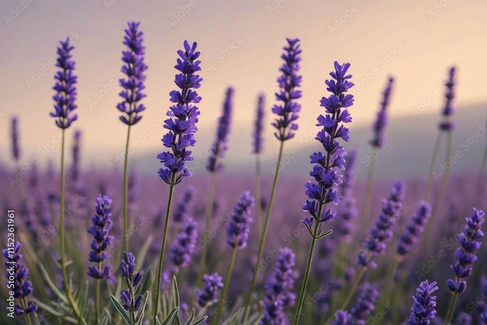 Naklejka premium lavender flowers in a field with a mountain in the background