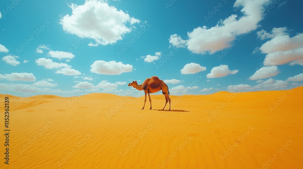 A camel meanders through vast golden sand dunes beneath a blue sky adorned with clouds A camel meanders through vast golden sand dunes beneath a blue sky adorned with clouds