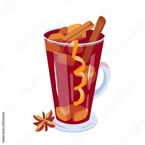Glass of red aromatic mulled wine with fruits, cinnamon and star anise. Red punch with fruit and spices. Winter holiday alcoholic drink design element. Vector illustration for label and poster.