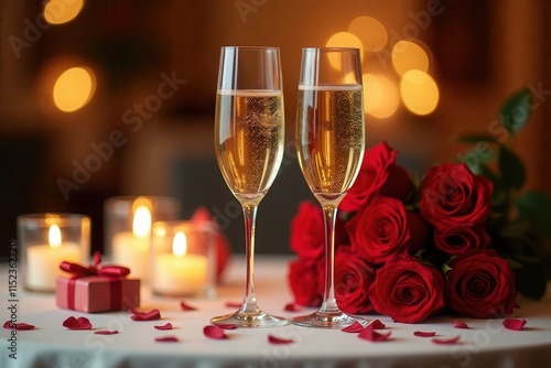 Romantic table setting with champagne glasses, red roses and candles on a blurred background. Valentine's Day evening.