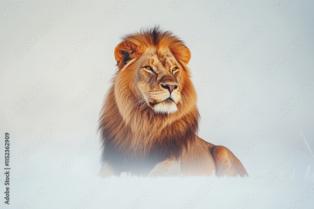 Obraz premium a majestic lion with a golden mane rests on the ground.