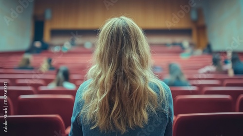 A long haired individual sits quietly in a theater, anticipating the start of an event as others gather photo