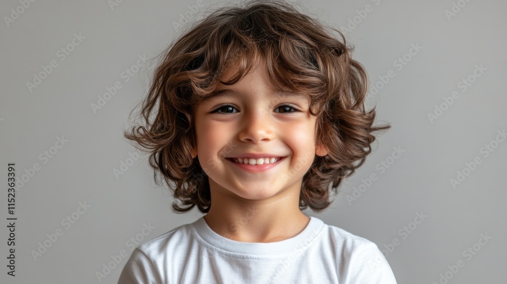 Child with curly hair is smiling brightly, showcasing a joyful expression in a warm setting