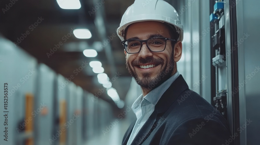 Male engineer in formal attire and hard hat smiles confidently in an industrial environment Male engineer in formal attire and hard hat smiles confidently in an industrial environment