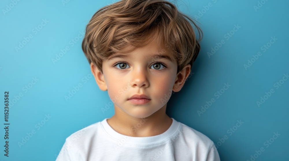 Child gazes curiously with a calm demeanor, wearing a simple white shirt against a blue backdrop Child gazes curiously with a calm demeanor, wearing a simple white shirt against a blue backdrop