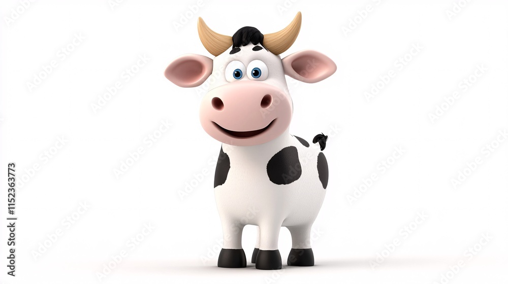 A cheerful cartoon cow with black and white spots and a big smile, perfect for children's media. A cheerful cartoon cow with black and white spots and a big smile, perfect for children's media.