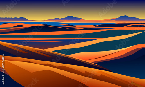 Vibrant landscape of sand desert, vector illustration.