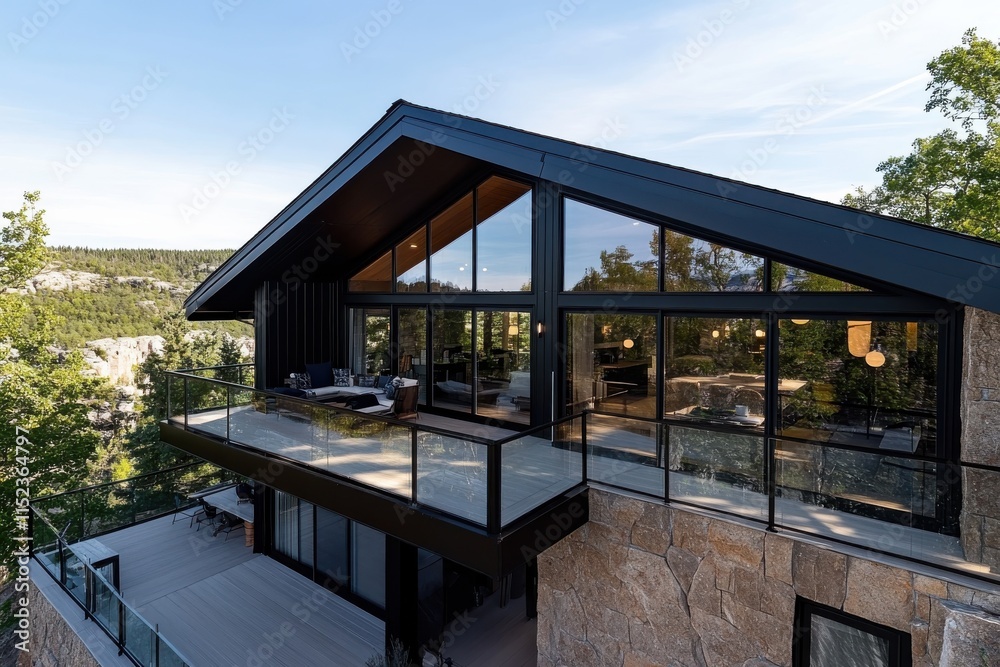 This contemporary house features large glass windows, a sleek design, and a beautiful outdoor deck that overlooks breathtaking mountain scenery, perfect for relaxation. This contemporary house features large glass windows, a sleek design, and a beautiful outdoor deck that overlooks breathtaking mountain scenery, perfect for relaxation.