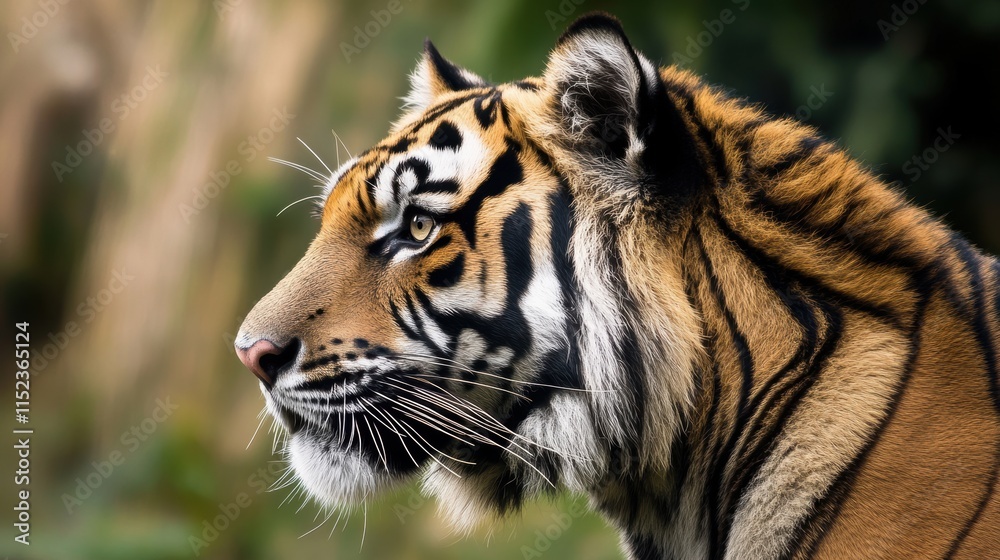 Obraz premium Close-up portraits and dynamic poses of a majestic tiger in its natural habitat, showcasing intricate striped patterns, piercing gaze, and captivating presence in the wild.