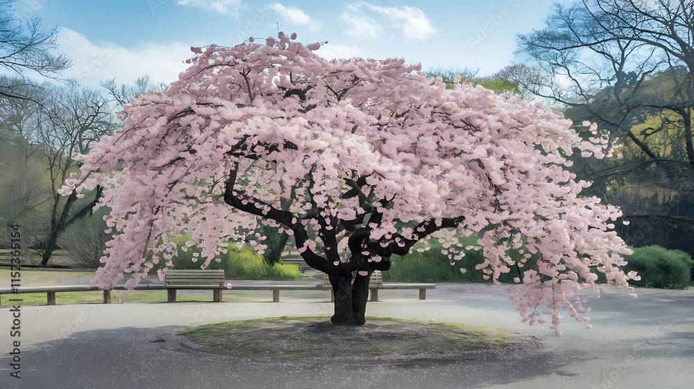 Fototapeta premium Lush Pink Cherry Blossom Tree in a Park Setting