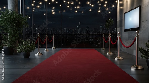 A stunning red carpet lined with velvet stanchions and illuminated by spotlights sets the stage for an upscale movie premiere entrance