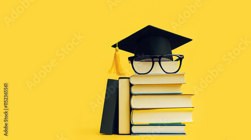 Black graduation cap trencher glasses on a stack of books on yellow background. University college education learning concept