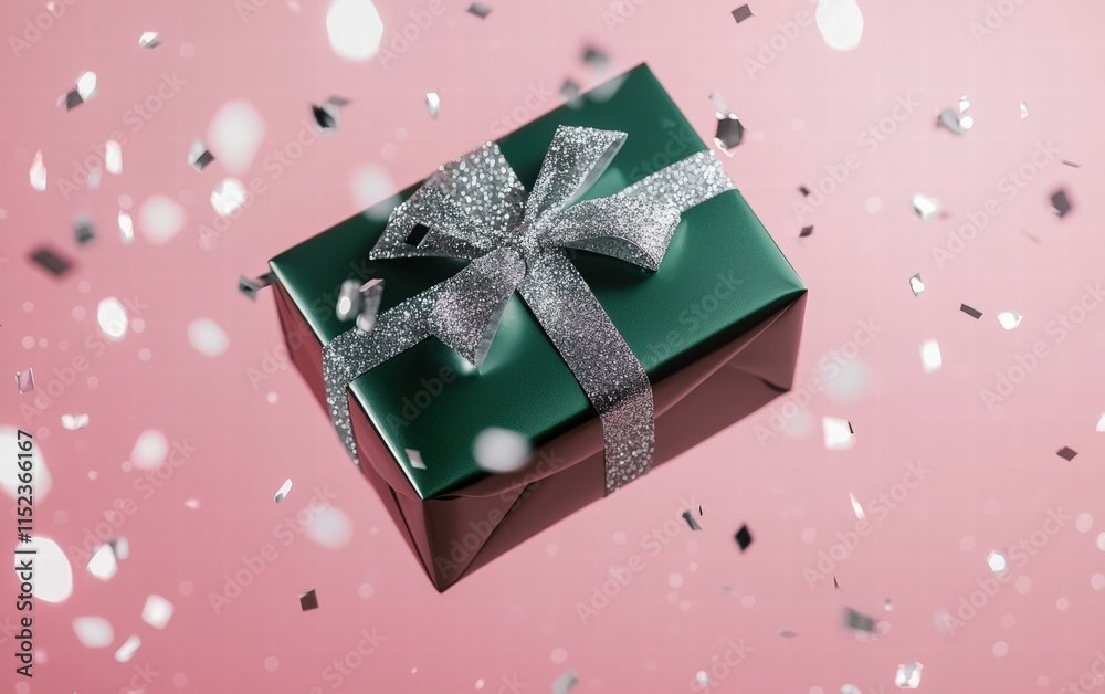 Fototapeta premium A shiny green gift box with silver accents floating on a radiant pink background