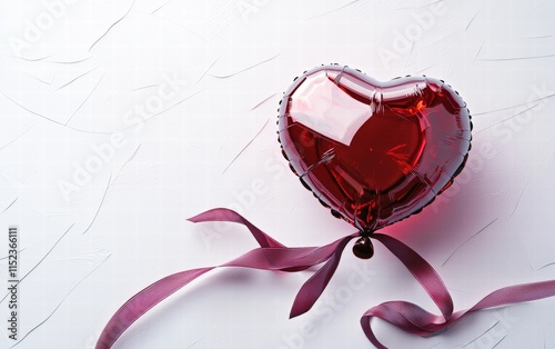 A shiny red heart balloon tied with a silk ribbon hovering gracefully on a crisp white background for Valentines Day