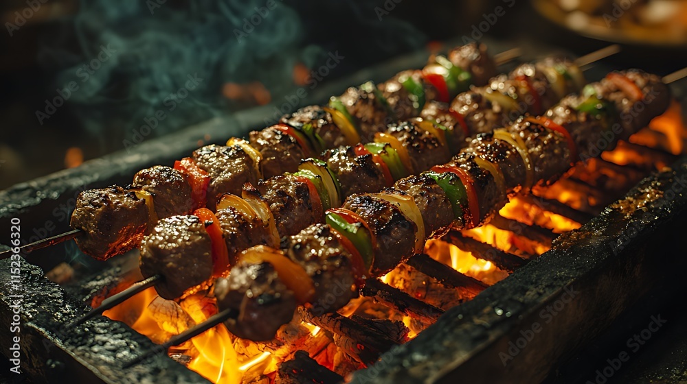 Delicious grilled meat skewers with bell peppers and onions on a charcoal grill. Delicious grilled meat skewers with bell peppers and onions on a charcoal grill.