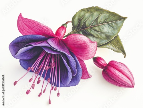 a fuchsia flower with green leaf on a white background