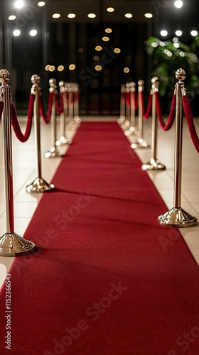 A stunning red carpet lined with velvet stanchions and illuminated by spotlights sets the stage for an upscale movie premiere entrance photo