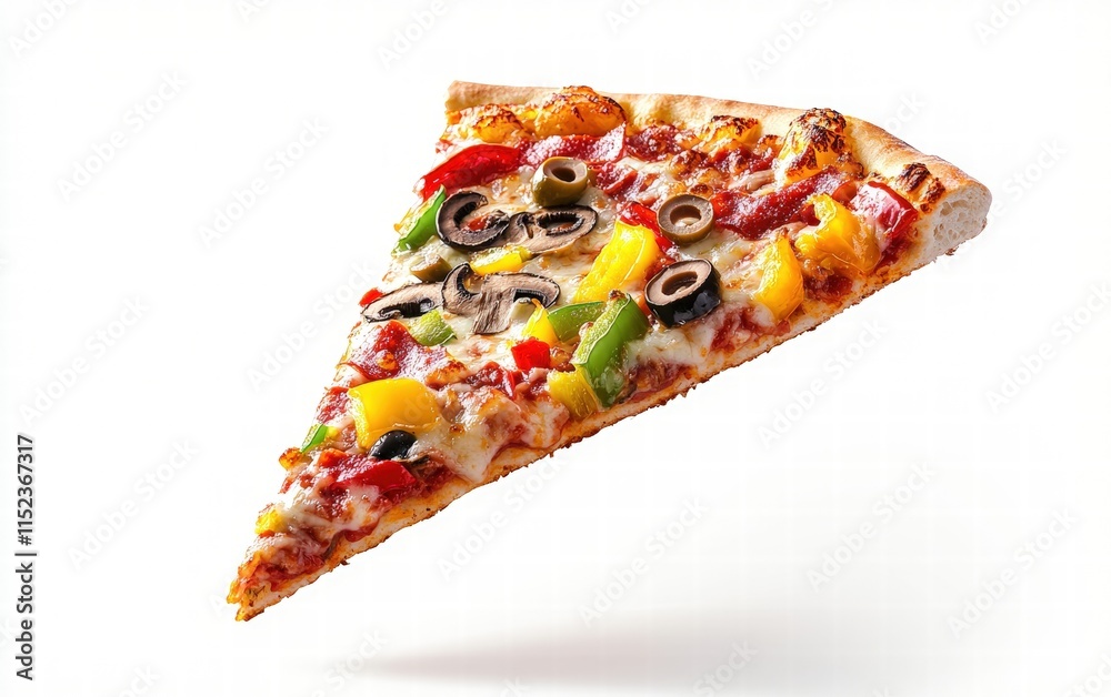 A vibrant veggie pizza slice with colorful toppings like bell peppers, olives, and mushrooms floating mid-air, on a bright white background A vibrant veggie pizza slice with colorful toppings like bell peppers, olives, and mushrooms floating mid-air, on a bright white background