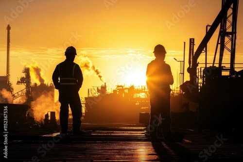 Workers in an industrial setting silhouetted against a vibrant sunset.