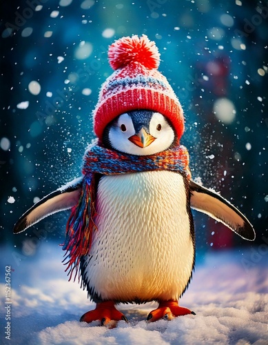 A Bubbly penguin with a Christmas hat on dancing in the snow